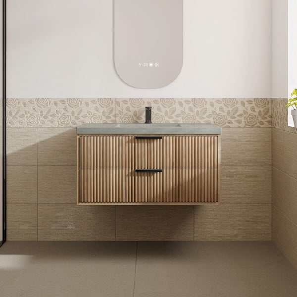 VLeaf 36 in. W x 18.5 in. D x 22 in. H Single Sink Wall Hung Bath Vanity Cabinet in Weather Fir with Gray Cement Top