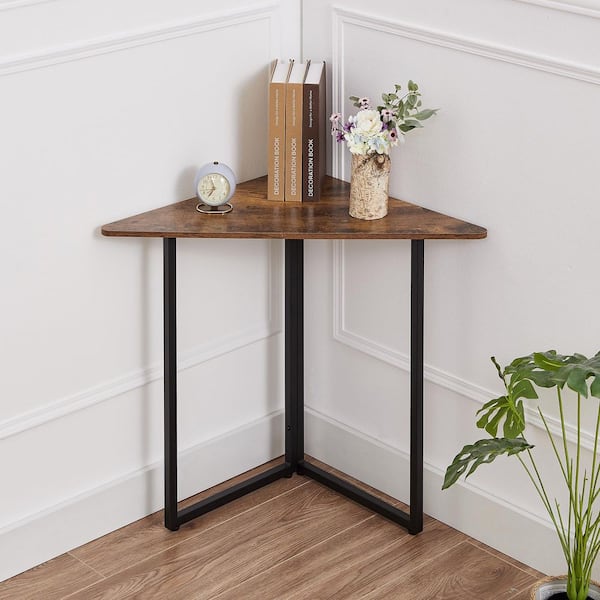 VECELO Corner Shelf Brown 25.59 in. Accent Cabinet Office Storage Cabinet with 1 Shelf and Metal Frame, Triangle End Table