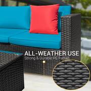 6-Piece Wicker Patio Conversation Set with 40,000 BTU Propane Fire Pit Table, Sectional Set with Blue Cushions