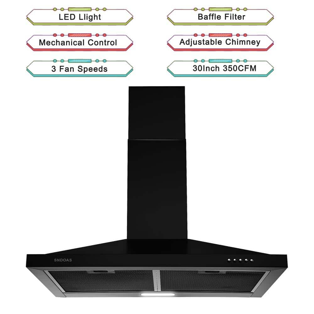 30-Inch Black Stainless Steel Wall Mount Range Hood with LED Lamp