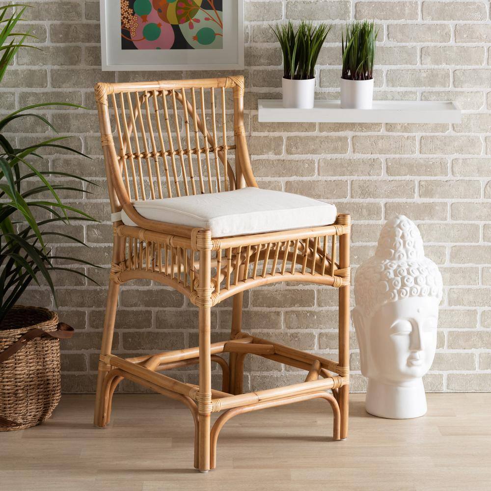 Elysian White Fabric and Natural Rattan Adjustable Counter Stool