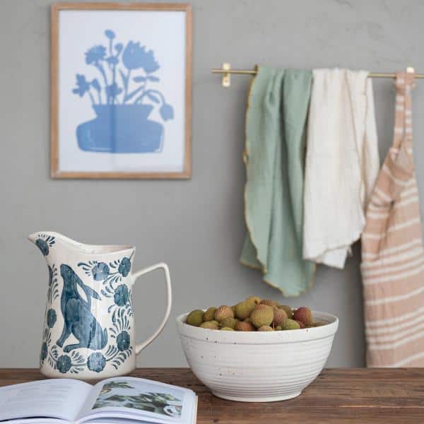 Blue and Cream Stoneware Pitcher with Rabbit and Florals