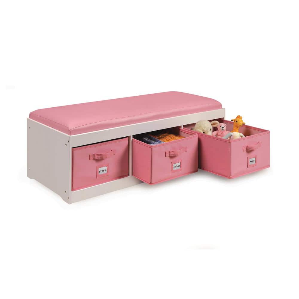 White and Pink MDF Kids Storage Bench with Cushion and Bins