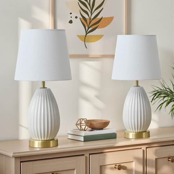 18 in. 1-Light Modern White Ceramic Table Lamp with Fabric Shade for Living Room and Bedside(Set of 2)