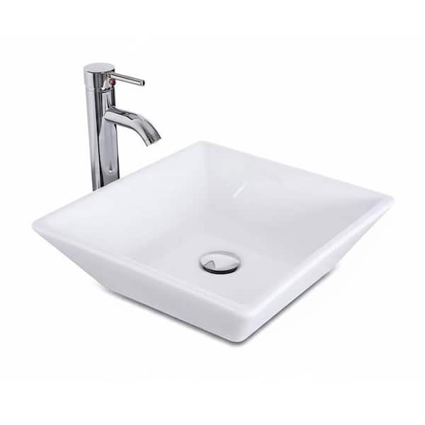 16 in. x 16 in. Square Beveled Ceramic Vessel Bathroom Sink in White with Faucet and Pop Up Drain for Bathroom Vanity