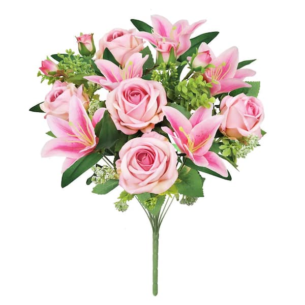 LIVING LUXURY 18 in. Pink Artificial Mixed Rose Stargazer Lily Flower Stem Bush Bouquet (Set of 2)