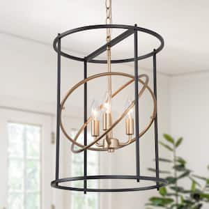 Gold/Black Drum Candlestick Chandelier Modern 3-Light Transitional Cylinder Cage Pendant Light for Foyer Bedroom Kitchen