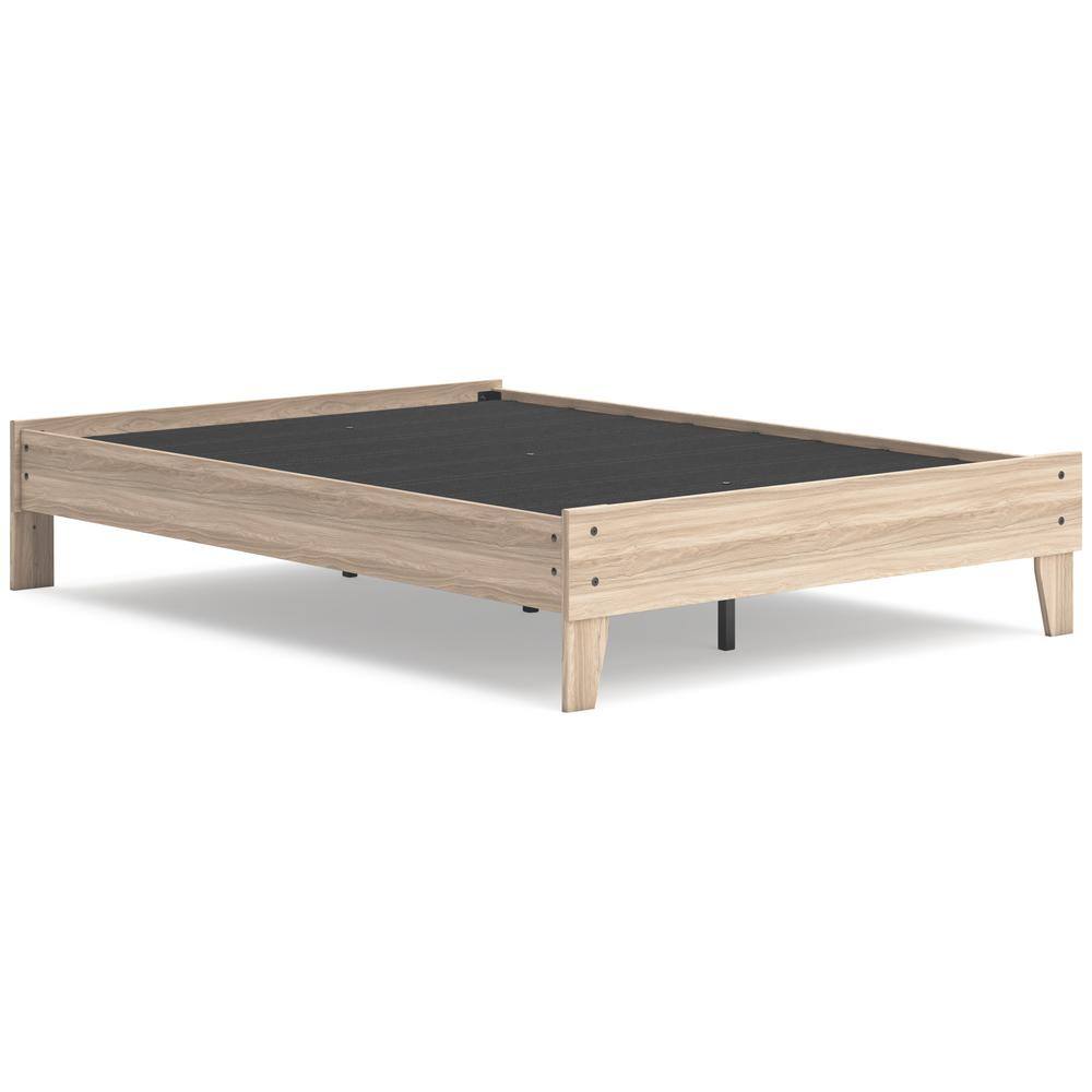 Battelle Full Oak Wood Frame Platform Bed with Upholstered Headboard