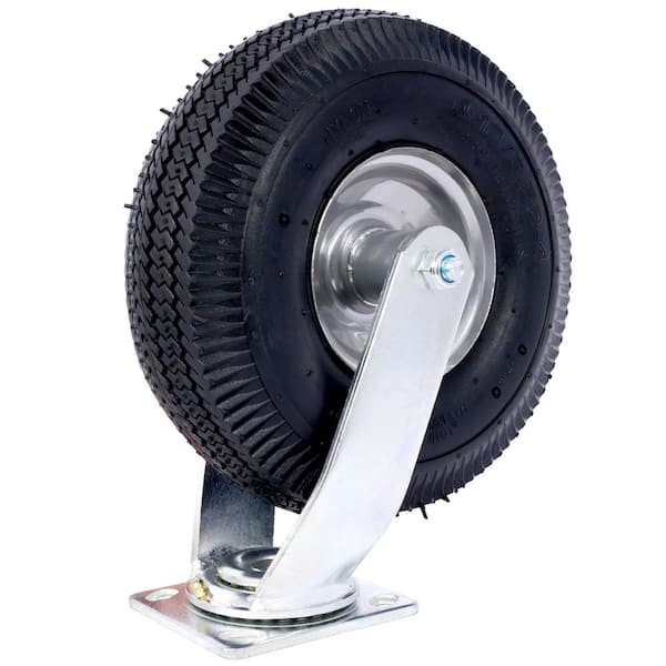 2-Pieces 10 in. Black Pneumatic Tire Caster Wheel Swivel Plate, Steel Hub with Ball Bearings, 5/8 in. Bore Centered Axle