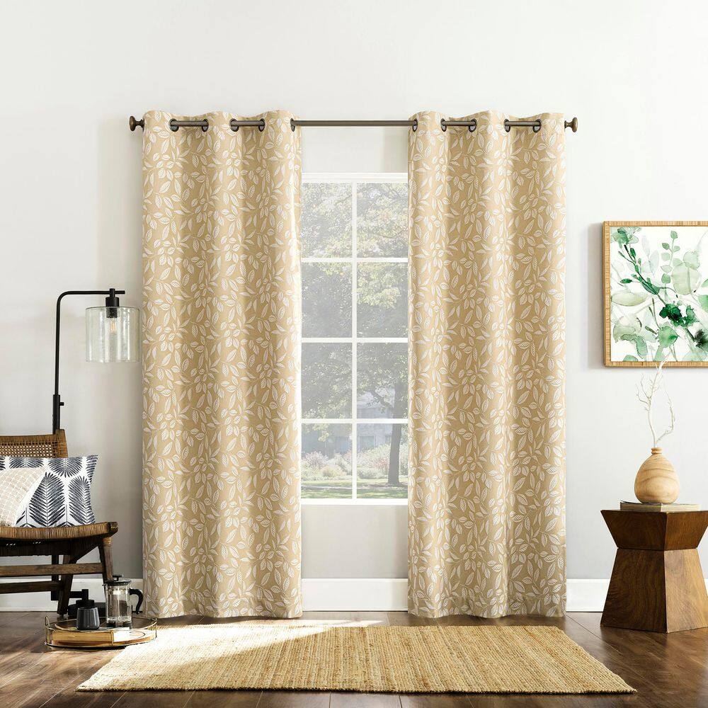 Gold Embroidered Leaf Blackout Polyester Window Panel, 40" x 96"