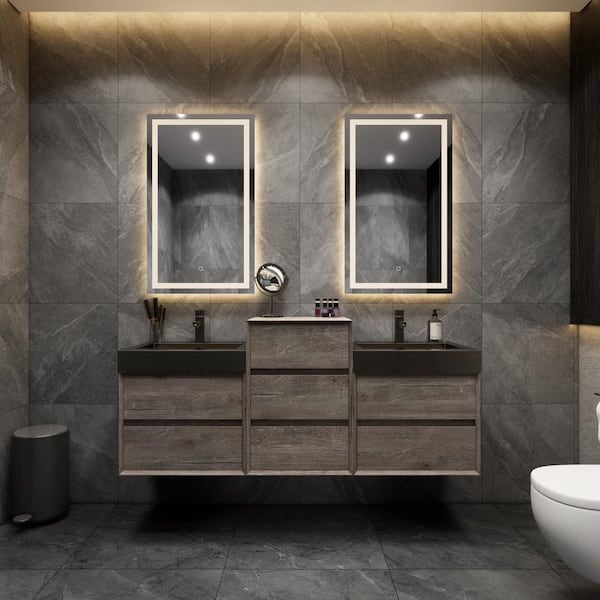 BV Better Vanity MIA 67 in. W x 20 in. D x 30 in. H Double Sink Middle Cabinet Bath Vanity in Gray Oak with Black Stainless Steel Top