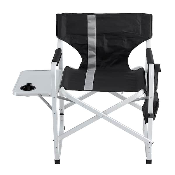 Flynama Black/Grey Aluminum Frame Folding Outdoor Lawn Chair with Side Table and Storage Pockets or Camping, Picnics (1-Pack)