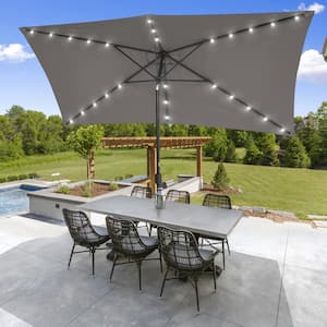 Solar LED 10 ft. x 6.5 ft. Aluminum Patio Rectangle Market Umbrella in Gray with Push-Button Tilt