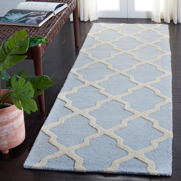 Cambridge Light Blue/Ivory 3 ft. x 20 ft. Geometric Trellis Runner Rug