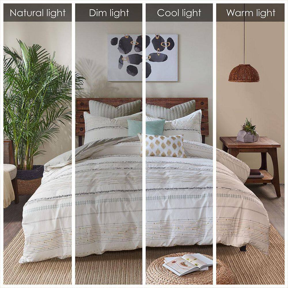 Full Off-White and Gray Cotton Comforter Set with Trims