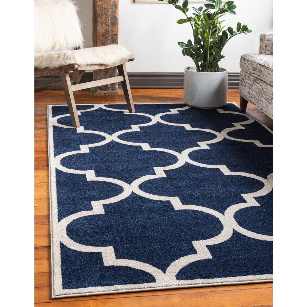 Navy Blue Trellis Rectangular Indoor Rug 5' x 8' - Easy Care & Stain-Resistant