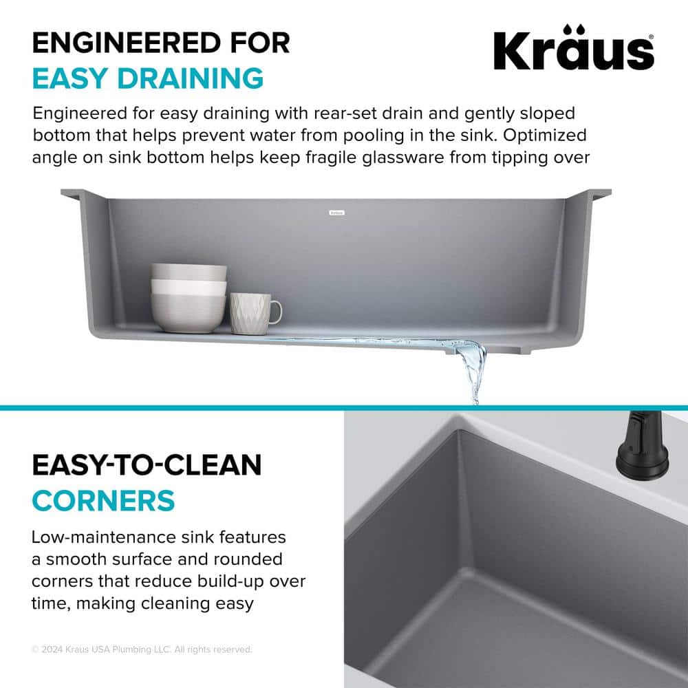 Gray 32-inch Undermount Single Bowl Granite Kitchen Sink