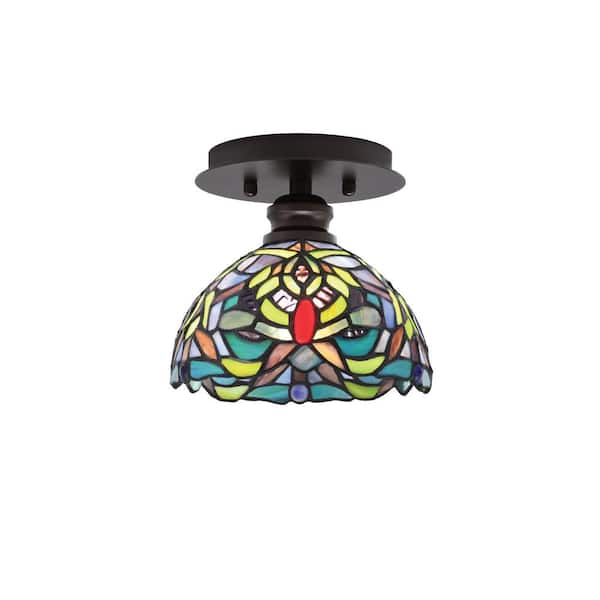 Unbranded Albany 1-Light 7 in. Espresso Semi-Flush with Kaleidoscope Art Glass Shade