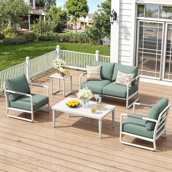 Outdoor Patio Furniture Set, 4-Piece Conversation Sofa Set with Coffee Table, White