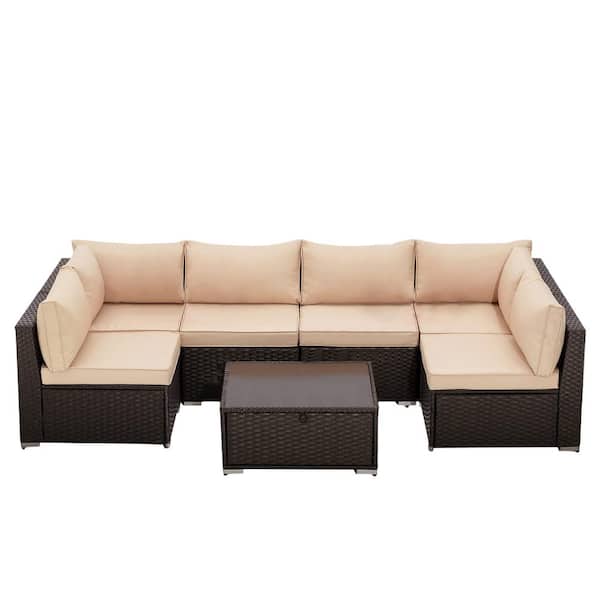 Unbranded 7-Piece PE Wicker Patio Conversation Set with Khaki Cushions