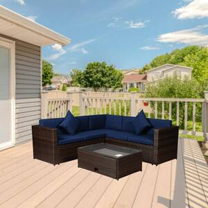 Brown 4-Piece PE Rattan Wicker Outdoor Patio Furniture Sectional Sofa Sets with Navy Blue Cushion