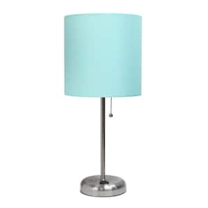 19.5 in. Brushed Steel Stick and Aqua Shade Contemporary Bedside Power Outlet Base Standard Metal Table Desk Lamp