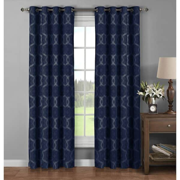 Window Elements Semi-Opaque Avila Printed Cotton Extra Wide 96 in. L Grommet Curtain Panel Pair, Navy (Set of 2)