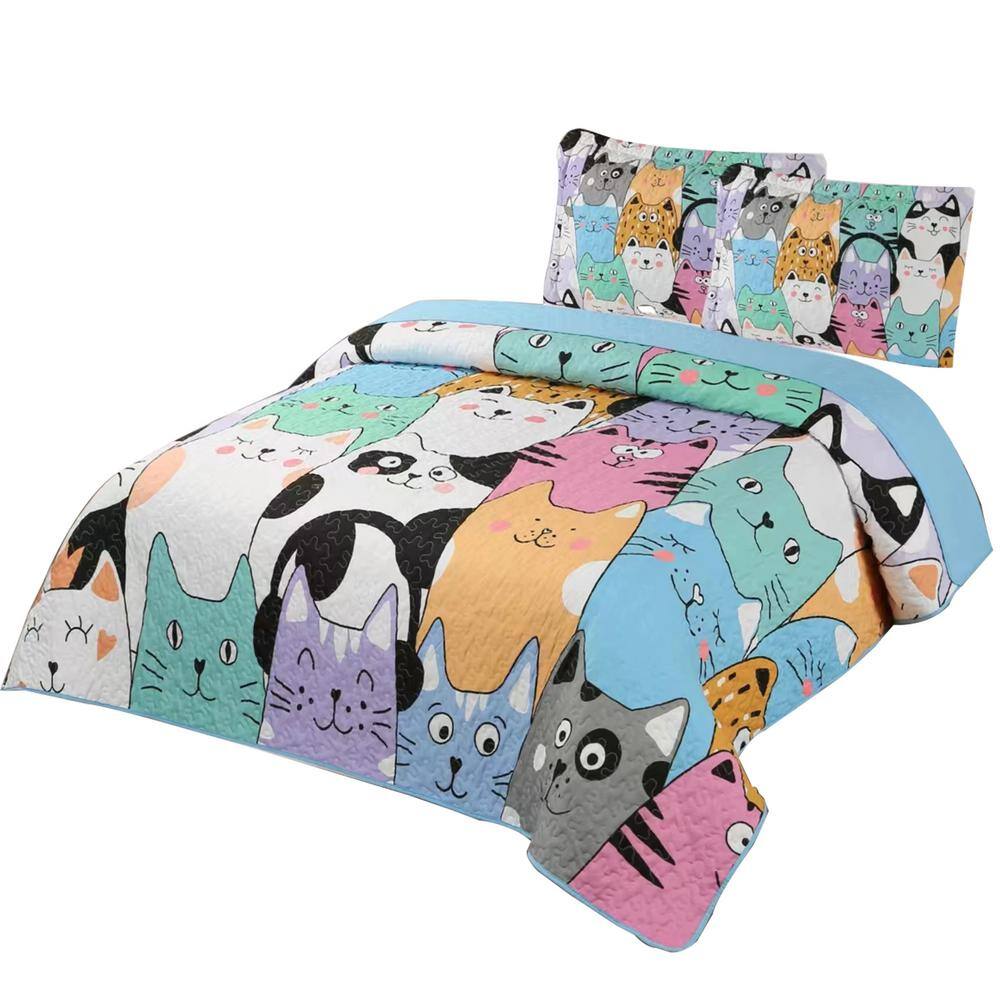 Blue Reversible Kids Full Cat Quilt Bedspread Set