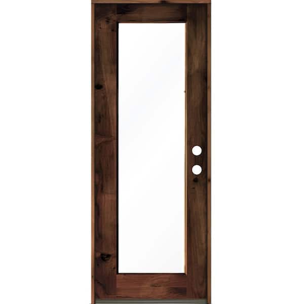 Krosswood Doors 32 in. x 96 in. Rustic Knotty Alder Wood Clear Full-Lite Red Mahogony Stain Left Hand Inswing Single Prehung Front Door