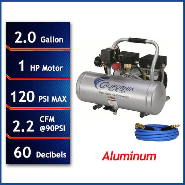 California Air Tools 2010AH Ultra Quiet OilFree 1Hp 2Gal Aluminum Electric Air Compressor with 25' Hose with 2 1/4" Industrial Quick-Connects