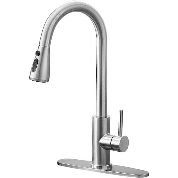 AKLFGN 1-Handle Pull Down Sprayer Kitchen Faucet Single Level Stainless Steel Kitchen Sink Faucets in Brushed Nickel
