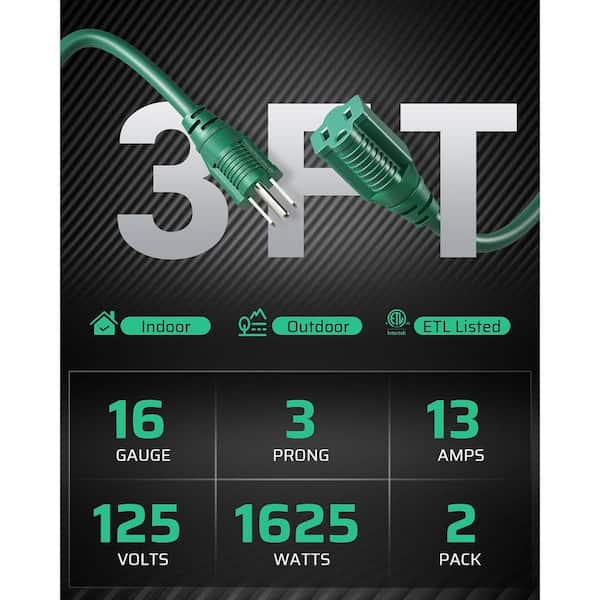 2-Pack 3 ft. 16/3 SJTW Indoor/Outdoor Extension Cord with 3 Prong Extension Cord for Lighting, Green