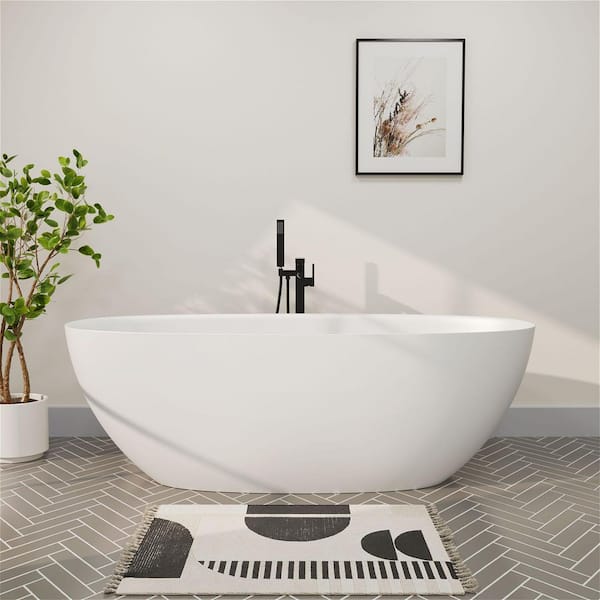 65 in. x 29.5 in. Double Slipper Solid Surface Flatbottom Stone Resin Oval Freestanding Soaking Bathtub in White