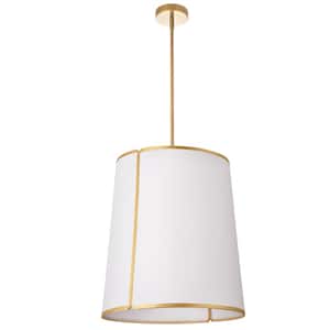 Notched Drum 3-Light Gold Shaded Pendant Light with White with Gold Trim Fabric Shade