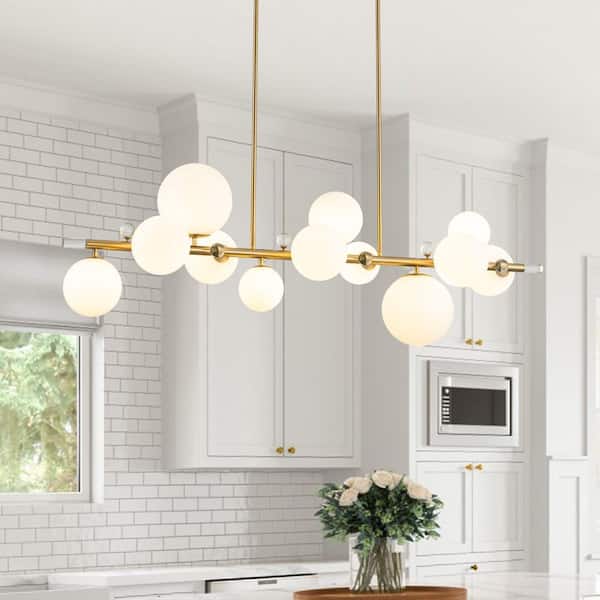 HUOKU Diego 12-Light 55.9 in. W Brushed Gold Chandelier Billiard Lighting Long Lighting with Opal Glass for Kitchen Island