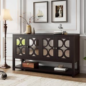 60 in. Espresso Rectangle Wood Console Table with Mirrored Doors, Spacious Shelves, and Durable Acacia Wood Legs