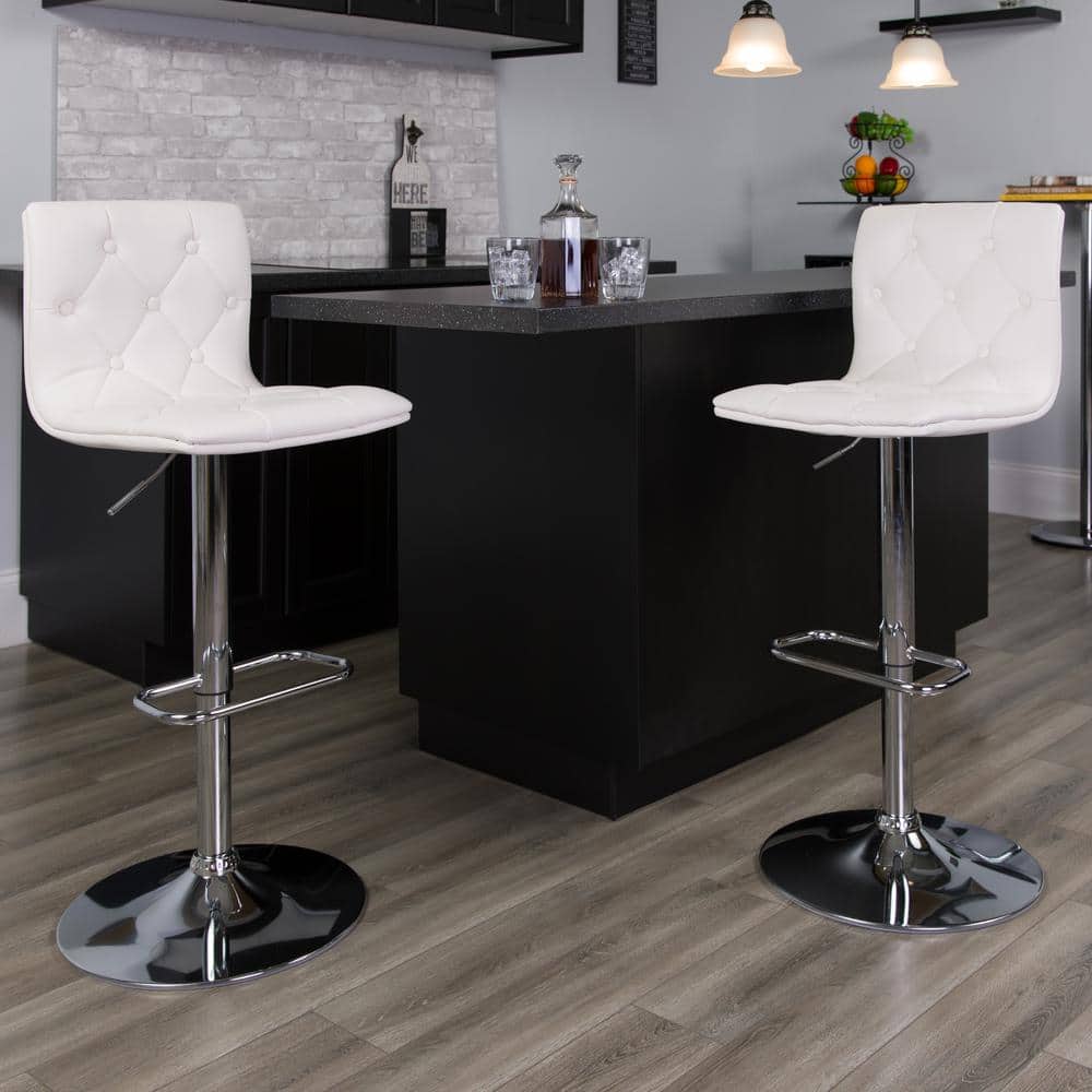 Contemporary Swivel Adjustable Barstool in White Vinyl and Chrome