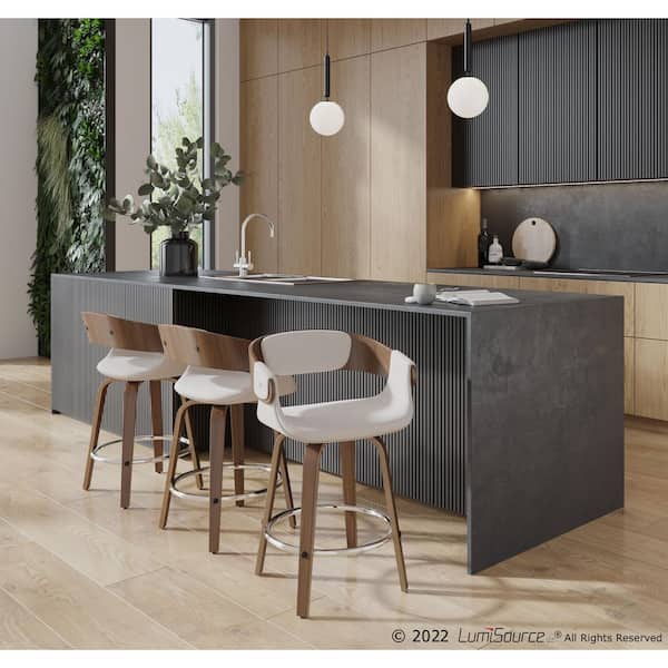 Elisa 33 in. Counter Height Bar Stool in Cream Fabric and Walnut Wood (Set of 2)