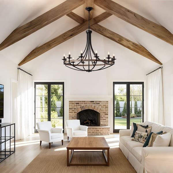 12-Light Wood Color Candle Style Dimmable Wagon Wheel Chandelier for Dining Room and Living Room