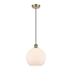 Athens 100-Watt 1-Light Antique Brass Shaded Mini Pendant Light with Frosted Glass Shade