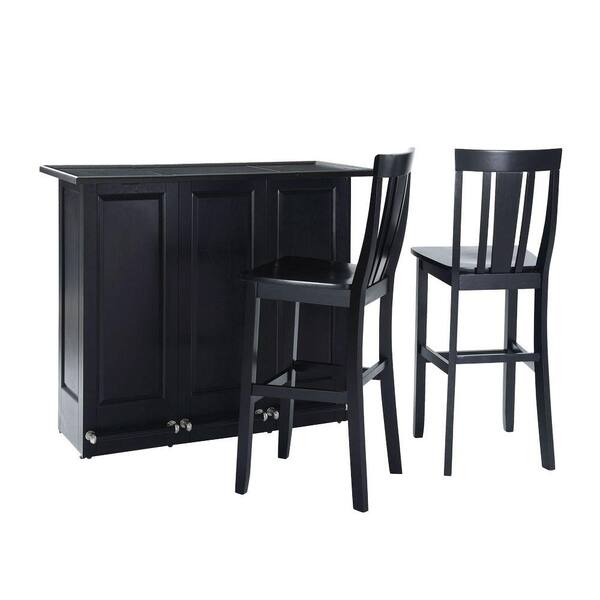 Crosley 48-3/4 in. W Mobile Folding Bar with Two 30 in. Shield Back Bar Stools in Black