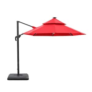 2pc Maxy 10 ft. Steel Roma Cantilever Solar LED Strip Tilt 360 Patio Umbrella In Red With Base