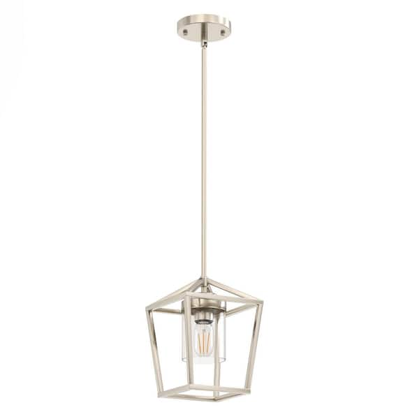 1-Light Industrial Nickel Lantern Pendant Light with Clear Glass Shade E26 for Kitchen 41.7 in. Hanging Pendant Lamp