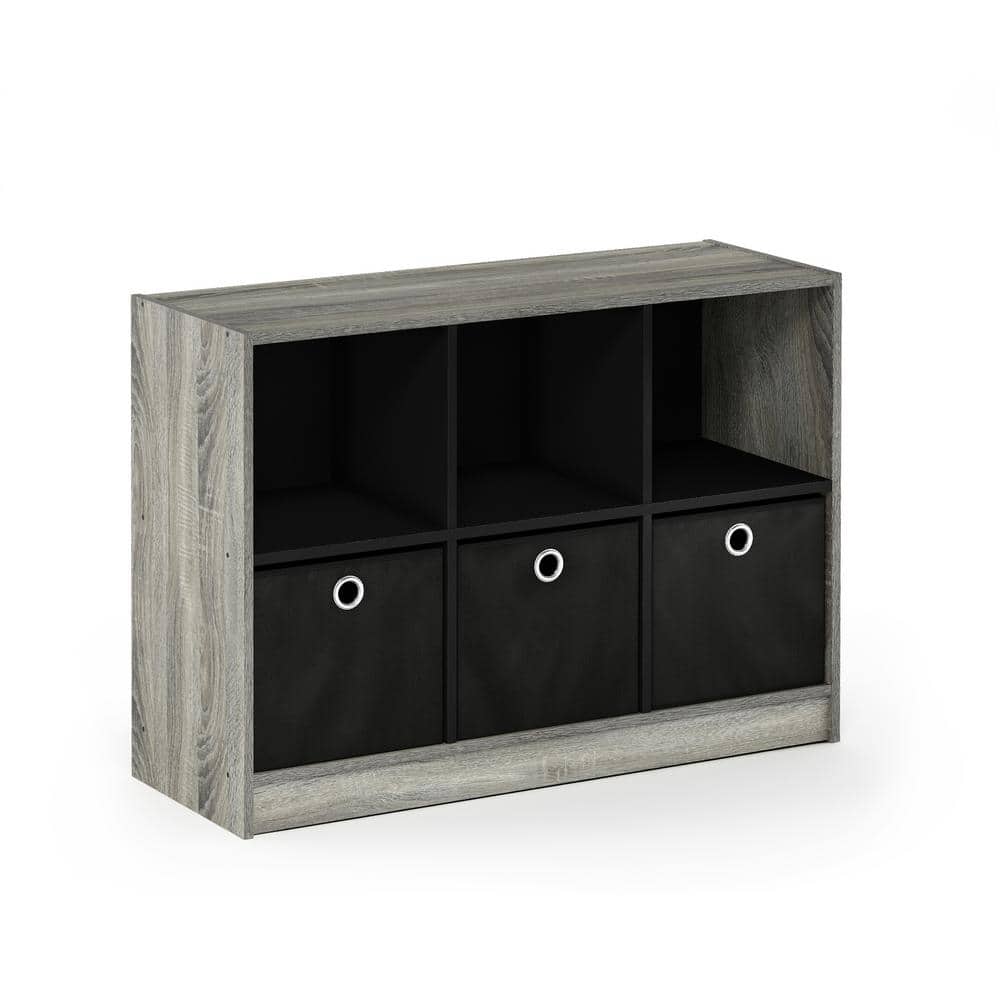 Gray Oak and Black 34" Modern Bookcase with Fabric Drawers