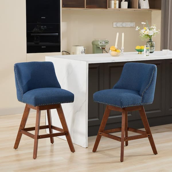 26 in. H Blue Wing Back Wood Counter Height Swivel Barstools Upholstered Bar Stools Counter Stools (Set of 2)