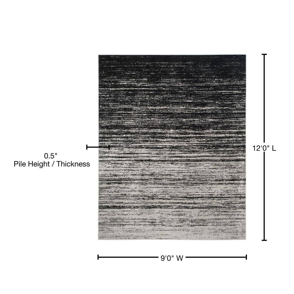 Silver and Black Abstract Low Pile Area Rug, 9' x 12'