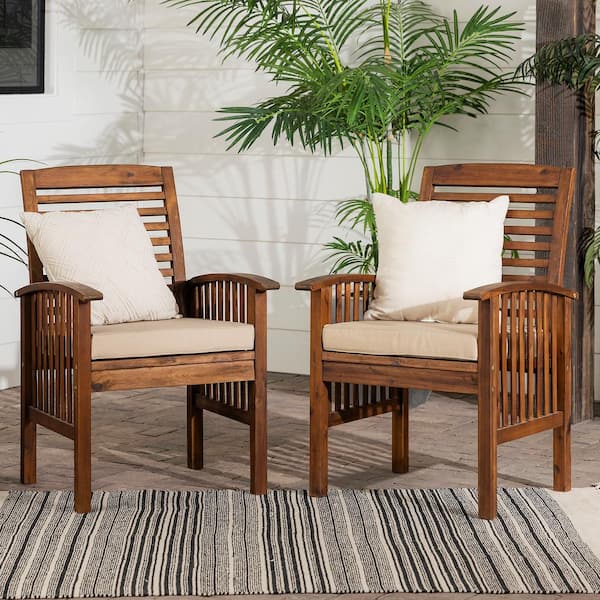 2-Piece Modern Acacia Wood Slat-Back Dark Brown Outdoor Rocking Chair with Beige Cushions