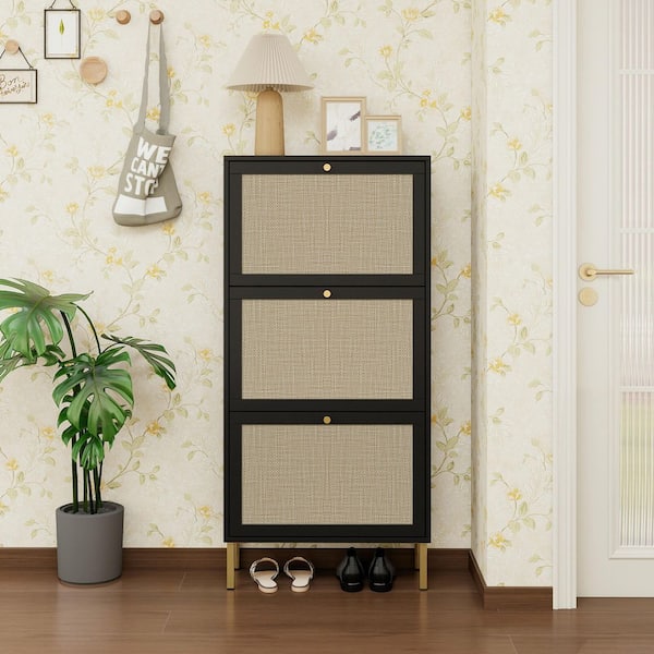 48.98 in. H x 23.62 in. W Black Rattan 3-Door Freestanding Shoe Storage Cabinet with Metal Base