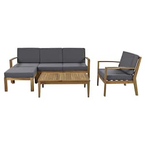 6-Piece Acacia Wood Patio Conversation Set with Removable Gray Cushions and Coffee Table