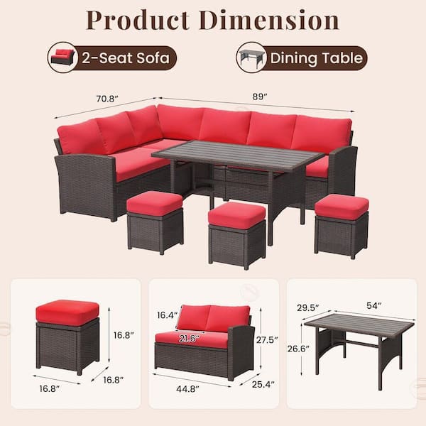 Tenleaf 7-Piece Brown Wicker Outdoor Dining Set with Red Cushions